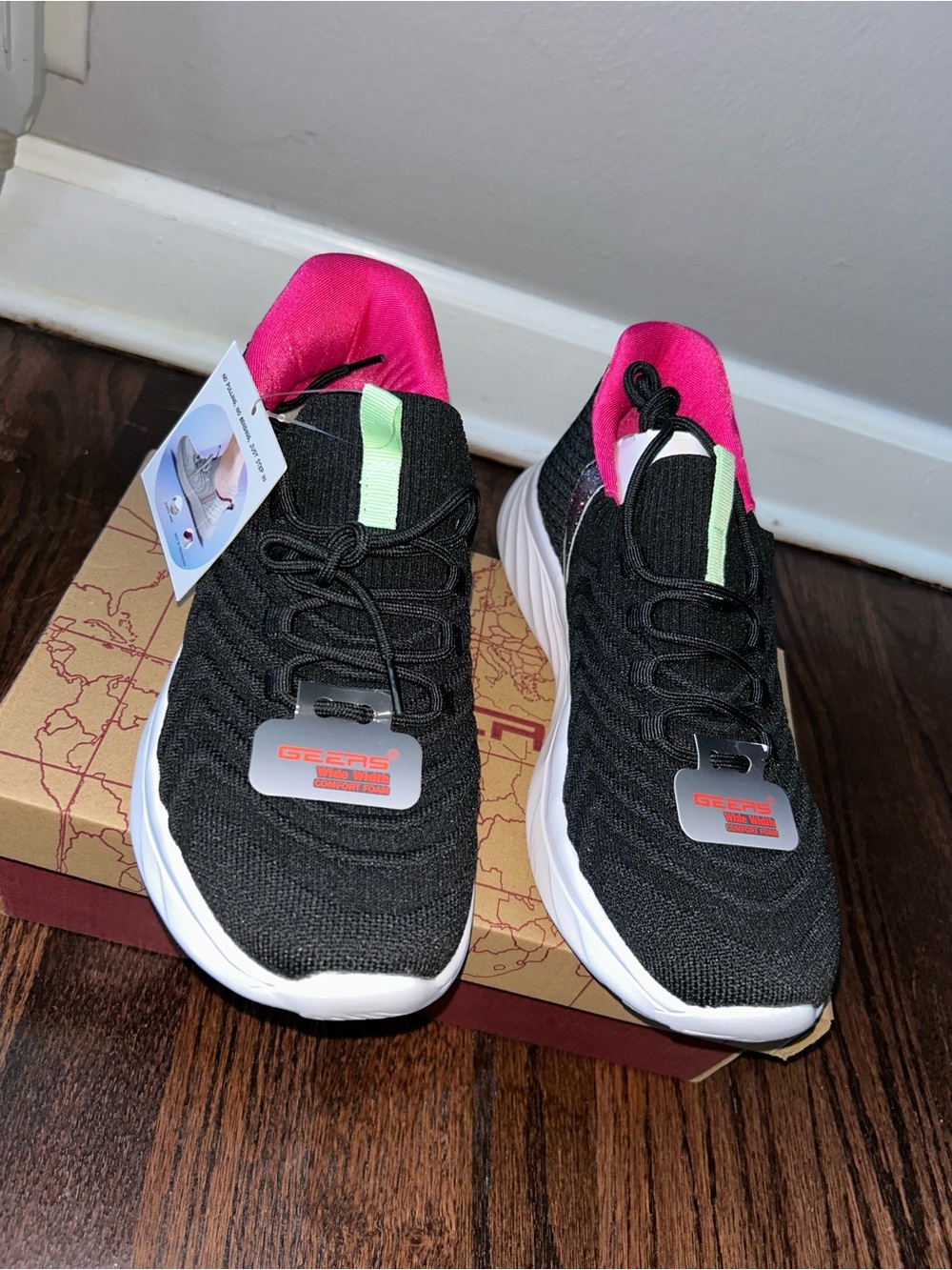 Women's Black Knit Athletic Sneakers with Pink Lining and Green Pull Tab